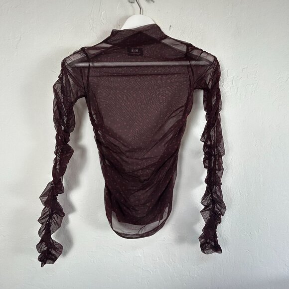 Maeve Anthropologie Womens Chiffon Polka Dot Long Sleeve Sheer Ruched Top Maroon - Picture 1 of 6